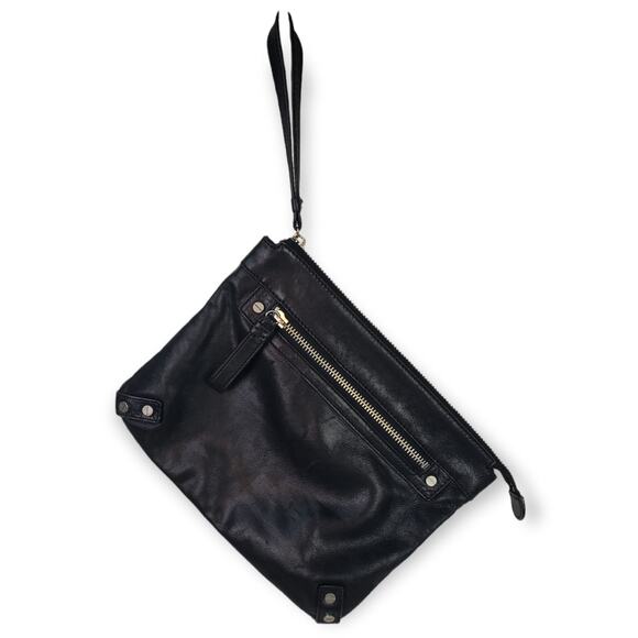 Club Monaco Black Buttery Soft Leather Clutch Purse With Wrist Handle 11" x 8.5" - Picture 2 of 10